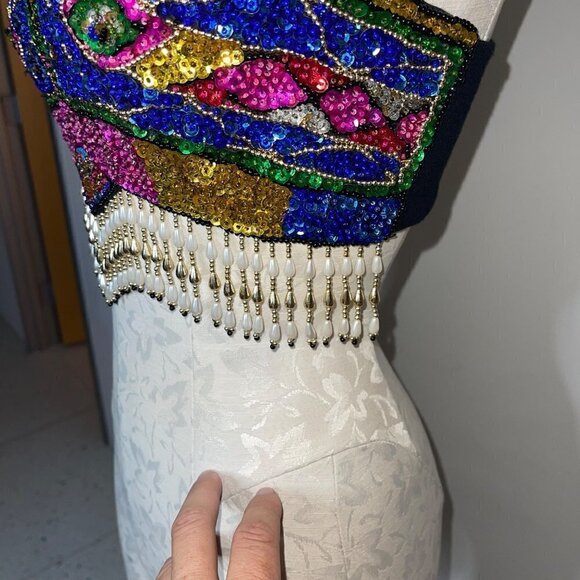 Vintage Sequin Bra Top Size Medium Multicolor Beaded Pearl Fringe Embellished - Picture 5 of 16